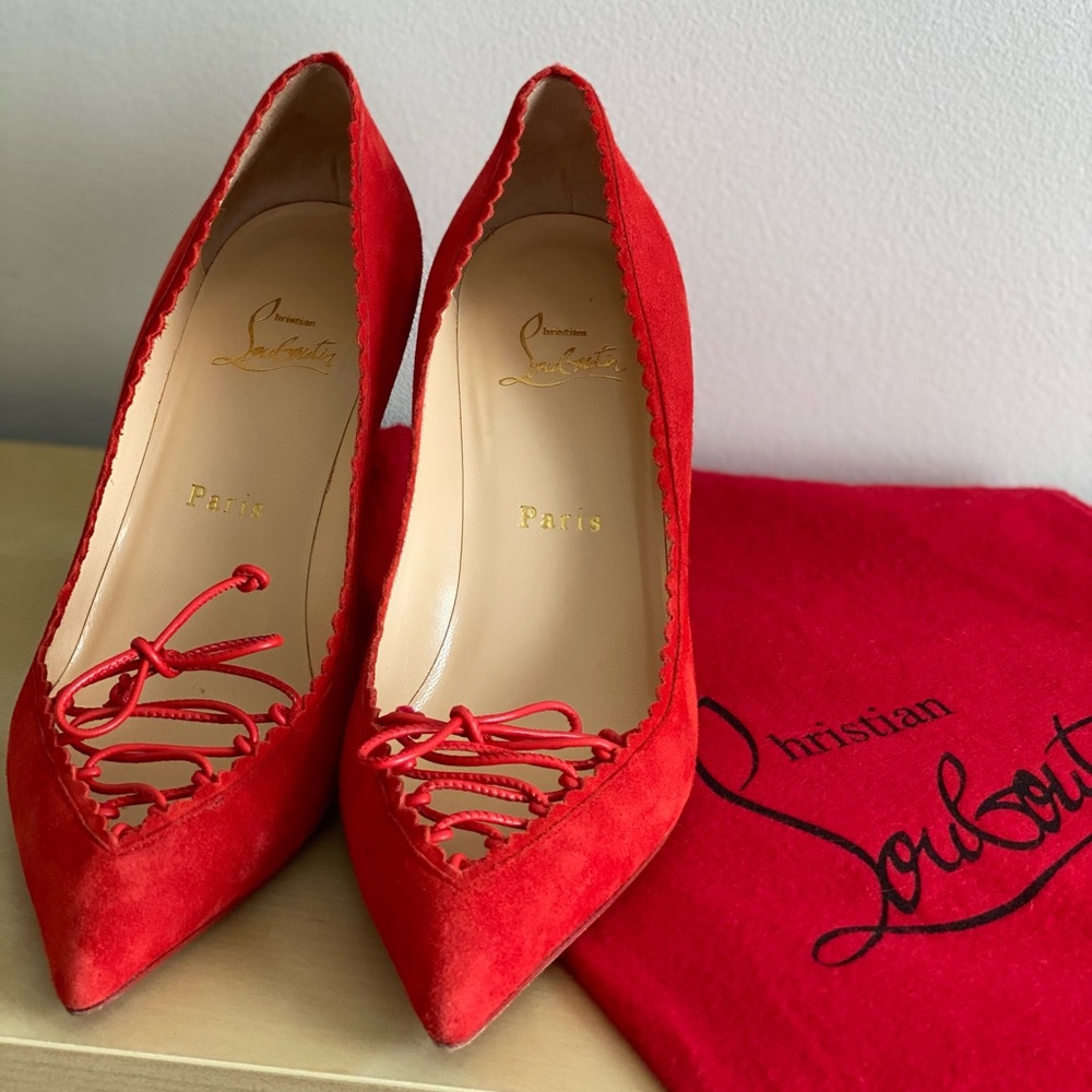 Christian Louboutin Cherry Red Scalopump 85MM Fraise Suede Heels 37.5 - Picture 1 of 12